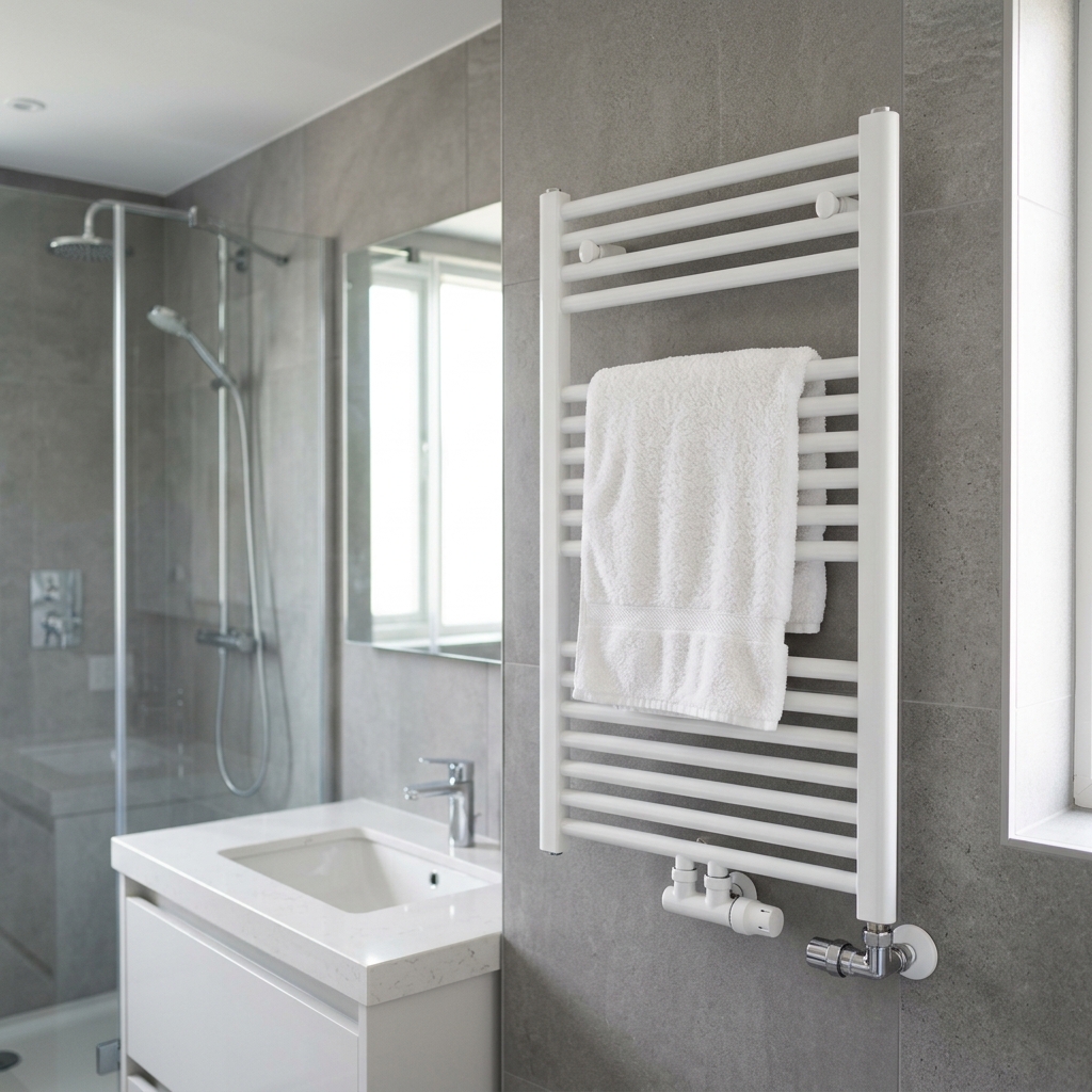Radiador toallero eléctrico instalado en la pared de un baño