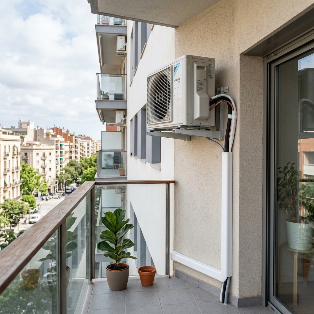 Unidad exterior de aire acondicionado instalada en una terraza