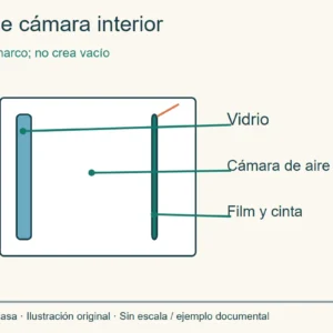 Corte conceptual de vidrio, cámara de aire y película fijada al marco