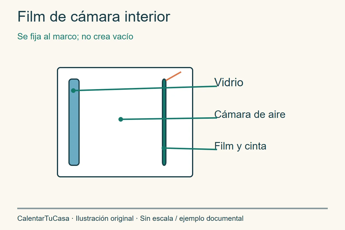 Corte conceptual de vidrio, cámara de aire y película fijada al marco