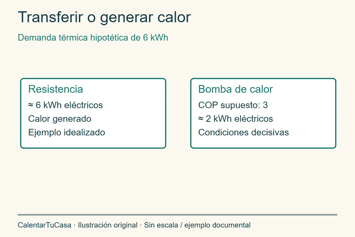 Comparación matemática para demanda térmica de 6 kWh y COP supuesto de 3