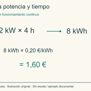 Cálculo continuo de 2 kilovatios durante 4 horas y coste a 0,20 euros por kWh